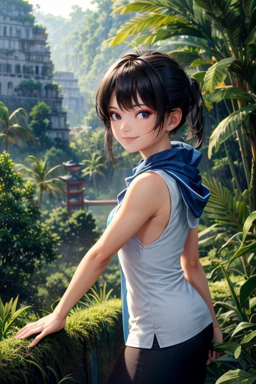 (masterpiece, best quality, highres, absurdres, ultra-detailed:1.2), <lora:Kena_v1:0.7>((kena, 1girl, solo, blue and white shawl, tunic, arm bands, black leggings, patches, smile, from side)), (asian:1.3), (jungle, tropical trees, ancient city, overgrowth), <lora:RedEyeLiner-v1.0:0.6>RedEyeLiner, <lora:add_detail_v1:0.8>, (AS-Young:0.4)