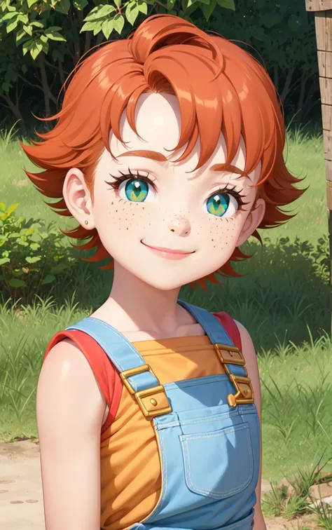 1girl,sxfrances,short hair,orange hair,green eyes,freckles,red overalls,blue_shirt,smile,solo,looking at viewer <lora:frances-v2:0.6>,nature,AS-Young,