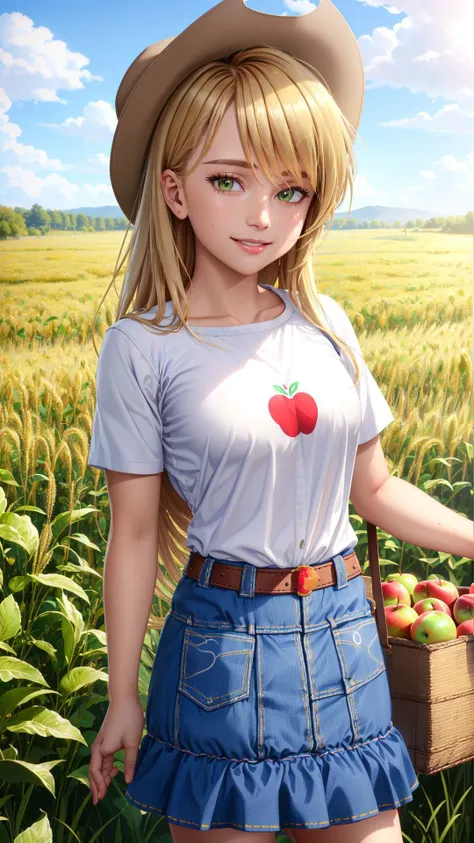 (masterpiece, best quality:1.2),cowboy shot,solo,1girl,mlpapplejack,smile,looking at viewer,low-tied long hair,cowboy hat,shirt,denim skirt,belt,wheat field,<lora:mlp_applejack-10:1>,sweat,holding a basket of apples,