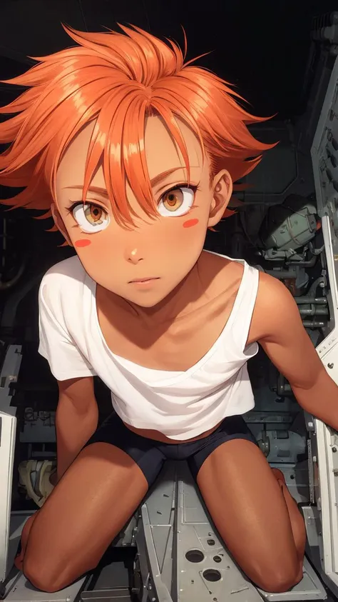 Edward,tan skin,tomboy,midriff,orange hair,(white loose shirt),off shoulder,spiked hair,barefoot,bike shorts,brown eyes,goggles on head,blush stickers,(grin:0.7),space station,engine room,(insanely detailed, beautiful detailed face, masterpiece, best quality) volumetric lighting,best quality,masterpiece,intricate details,tonemapping,sharp focus,hyper detailed <lora:Edward-06:0.8>,dynamic angle,from above,