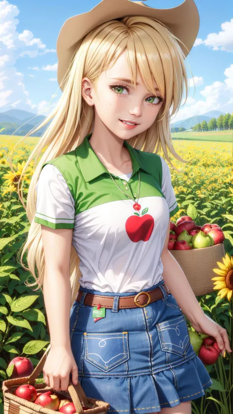 (masterpiece, best quality:1.2),cowboy shot,solo,1girl,mlpapplejack,smile,looking at viewer,low-tied long hair,cowboy hat,shirt,denim skirt,belt,wheat field,<lora:mlp_applejack-10:1>,sweat,holding a basket of apples,