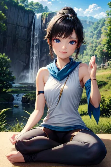 (masterpiece, best quality, highres, absurdres, ultra-detailed:1.2), <lora:Kena_v1:0.7>((kena, 1girl, solo, blue and white shawl, tunic, arm bands, black leggings)), (meditate, crossleg, asian:1.4), (waterfall, blue sky, clouds, birds, overgrowth), <lora:RedEyeLiner-v1.0:0.6>RedEyeLiner, <lora:add_detail_v1:0.75>, (AS-Young:0.4)