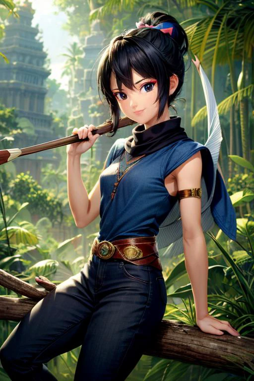(masterpiece, best quality, highres, absurdres, ultra-detailed:1.2), <lora:Kena_v1:0.9>((kena, 1girl, solo, blue and white shawl, tunic, arm bands, black pants, patches, bow and arrow, happy, from side)), (asian:1.3), (jungle, tropical trees, ancient city, overgrowth), <lora:RedEyeLiner-v1.0:0.6>RedEyeLiner, <lora:add_detail_v1:0.8>, (AS-Young:0.7)