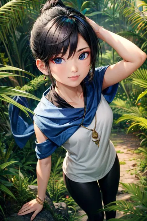 (masterpiece, best quality, highres, absurdres, ultra-detailed:1.2), <lora:Kena_v1:0.7>((kena, 1girl, solo, blue and white shawl, tunic, arm bands, black leggings, patches, from above)), (asian:1.3), (jungle, tropical trees, ancient city, overgrowth), <lora:RedEyeLiner-v1.0:0.6>RedEyeLiner, <lora:add_detail_v1:0.8>,  (AS-Young:0.4)