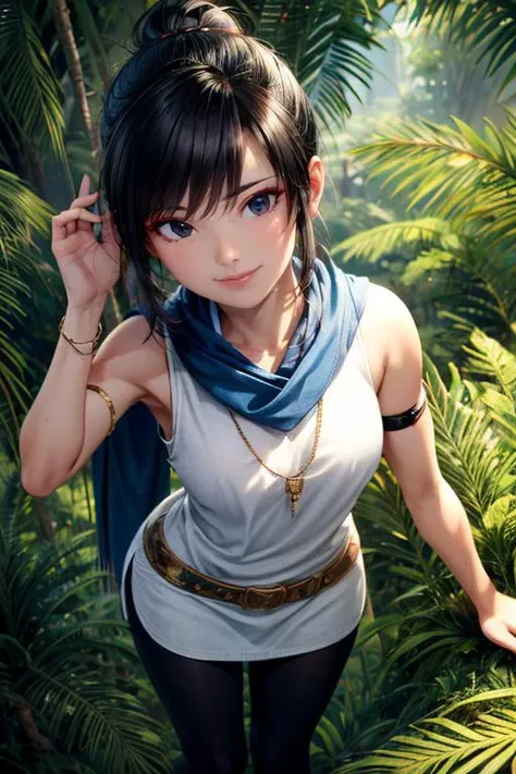 (masterpiece, best quality, highres, absurdres, ultra-detailed:1.2), <lora:Kena_v1:0.7>((kena, 1girl, solo, blue and white shawl, tunic, arm bands, black leggings, patches, from above)), (asian:1.3), (jungle, tropical trees, ancient city, overgrowth), <lora:RedEyeLiner-v1.0:0.6>RedEyeLiner, <lora:add_detail_v1:0.8>,  (AS-Young:0.4)