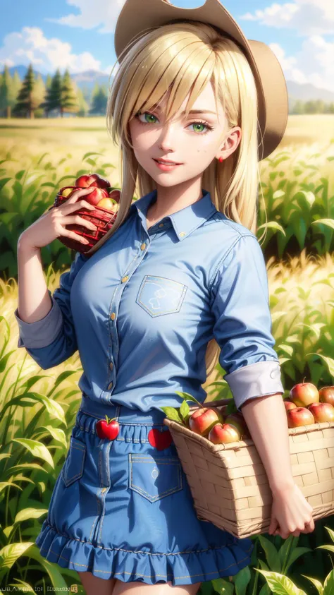 (masterpiece, best quality:1.2),cowboy shot,solo,1girl,mlpapplejack,smile,looking at viewer,low-tied long hair,cowboy hat,shirt,denim skirt,belt,wheat field,<lora:mlp_applejack-10:1>,sweat,holding a basket of apples,