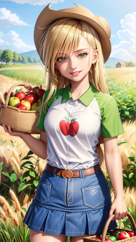 (masterpiece, best quality:1.2),cowboy shot,solo,1girl,mlpapplejack,smile,looking at viewer,low-tied long hair,cowboy hat,shirt,denim skirt,belt,wheat field,<lora:mlp_applejack-10:1>,sweat,holding a basket of apples,