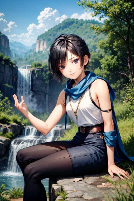 (masterpiece, best quality, highres, absurdres, ultra-detailed:1.2), <lora:Kena_v1:0.7>((kena, 1girl, solo, blue and white shawl, tunic, arm bands, black leggings, patches, meditate, crossleg)), (asian:1.3), (waterfall, blue sky, clouds, birds, overgrowth), <lora:RedEyeLiner-v1.0:0.6>RedEyeLiner, <lora:add_detail_v1:0.8>, (AS-Young:0.4)