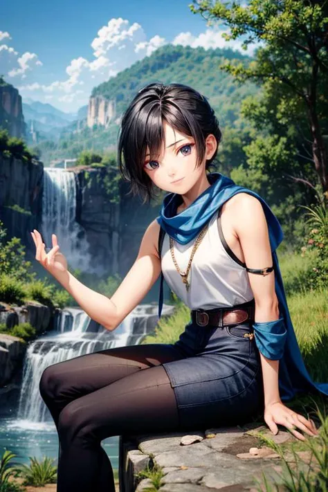 (masterpiece, best quality, highres, absurdres, ultra-detailed:1.2), <lora:Kena_v1:0.7>((kena, 1girl, solo, blue and white shawl, tunic, arm bands, black leggings, patches, meditate, crossleg)), (asian:1.3), (waterfall, blue sky, clouds, birds, overgrowth), <lora:RedEyeLiner-v1.0:0.6>RedEyeLiner, <lora:add_detail_v1:0.8>,  (AS-Young:0.4)