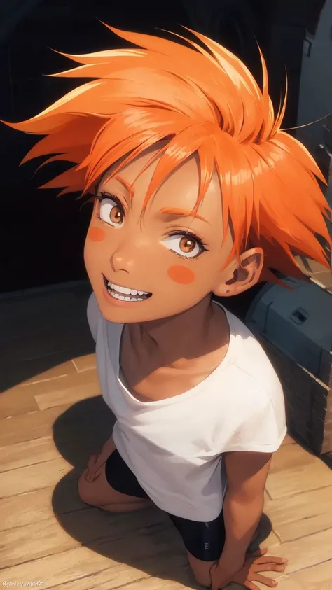 Edward,tan skin,tomboy,midriff,orange hair,(white loose shirt),off shoulder,spiked hair,barefoot,bike shorts,brown eyes,goggles on head,blush stickers,grin,space station,engine room,(insanely detailed, beautiful detailed face, masterpiece, best quality) volumetric lighting,best quality,masterpiece,intricate details,tonemapping,sharp focus,hyper detailed <lora:Edward-06:0.8>,dynamic angle, from above