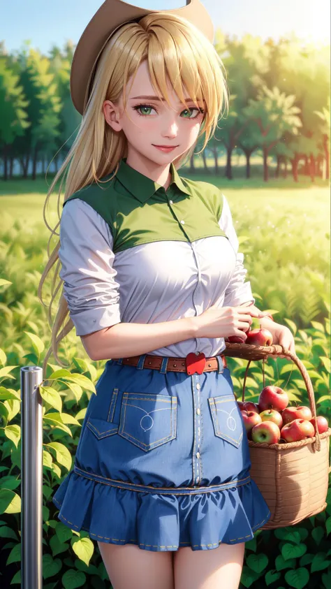 (masterpiece, best quality:1.2),cowboy shot,solo,1girl,mlpapplejack,smile,looking at viewer,low-tied long hair,cowboy hat,shirt,denim skirt,belt,wheat field,<lora:mlp_applejack-10:1>,sweat,holding a basket of apples,