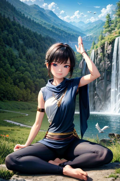 (masterpiece, best quality, highres, absurdres, ultra-detailed:1.2), <lora:Kena_v1:0.7>((kena, 1girl, solo, blue and white shawl, tunic, arm bands, black leggings)), (meditate, crossleg, asian:1.4), (waterfall, blue sky, clouds, birds, overgrowth), <lora:RedEyeLiner-v1.0:0.6>RedEyeLiner, <lora:add_detail_v1:0.75>, (AS-Young:0.4)