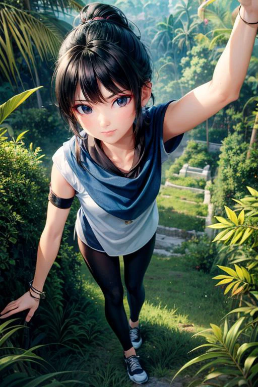 (masterpiece, best quality, highres, absurdres, ultra-detailed:1.2), <lora:Kena_v1:0.7>((kena, 1girl, solo, blue and white shawl, tunic, arm bands, black leggings, patches, from above)), (asian:1.3), (jungle, tropical trees, ancient city, overgrowth), <lora:RedEyeLiner-v1.0:0.6>RedEyeLiner, <lora:add_detail_v1:0.8>, (AS-Young:0.4)