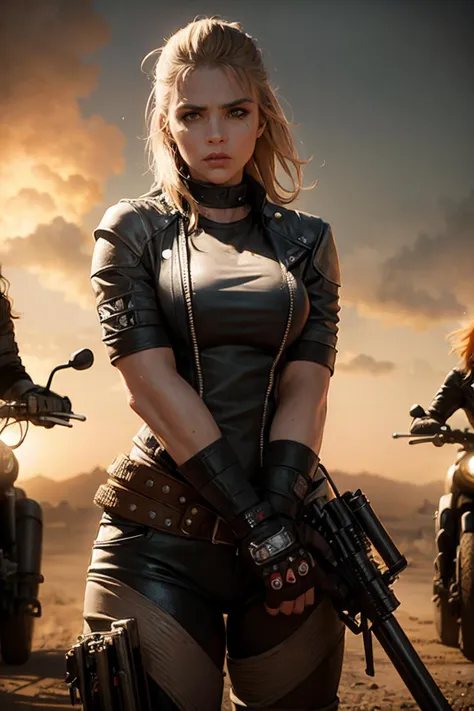 female biker gang. armed and dangerous. mad max art style. cinematic lighting.