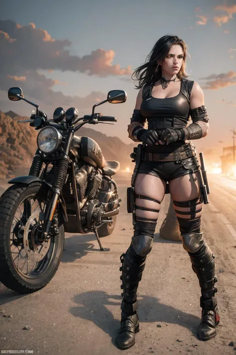 female biker gang. armed and dangerous. mad max art style. cinematic lighting.