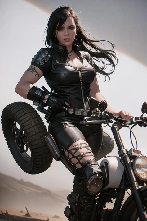 female biker gang. armed and dangerous. mad max art style. cinematic lighting.