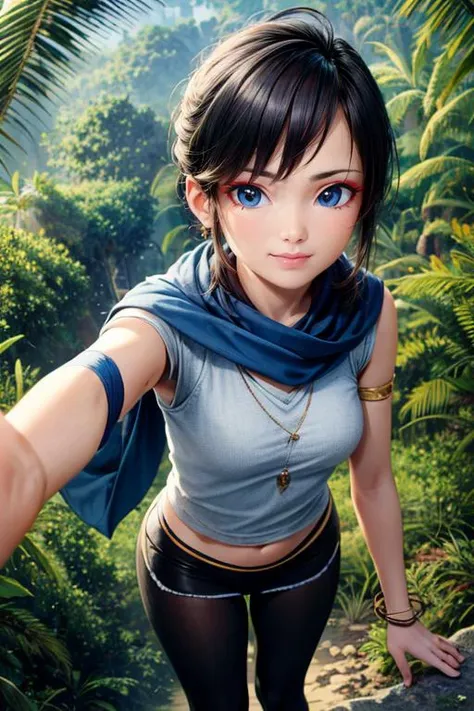 (masterpiece, best quality, highres, absurdres, ultra-detailed:1.2), <lora:Kena_v1:0.7>((kena, 1girl, solo, blue and white shawl, tunic, arm bands, black leggings, patches, from above)), (asian:1.3), (jungle, tropical trees, ancient city, overgrowth), <lora:RedEyeLiner-v1.0:0.6>RedEyeLiner, <lora:add_detail_v1:0.8>,  (AS-Young:0.4)