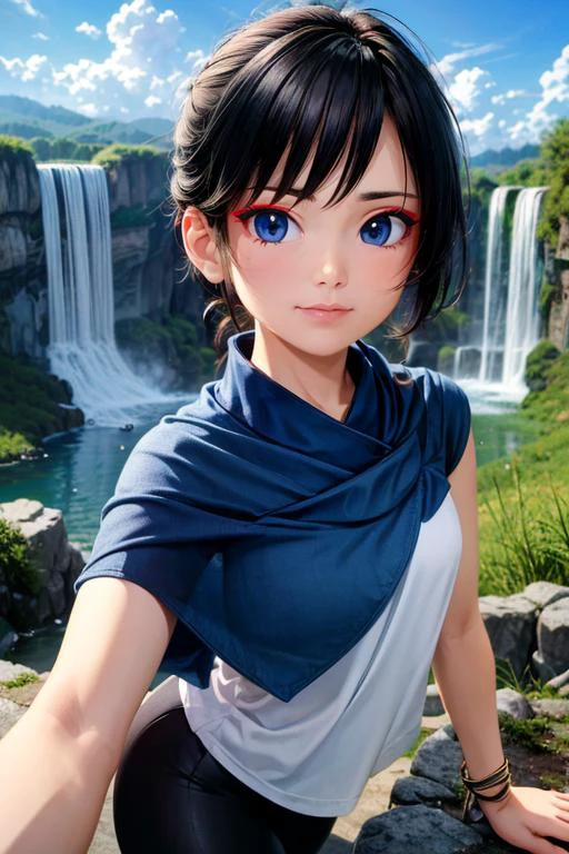 (masterpiece, best quality, highres, absurdres, ultra-detailed:1.2), <lora:Kena_v1:0.7>((kena, 1girl, solo, blue and white shawl, tunic, arm bands, black leggings)), (portrait, asian:1.4), (waterfall, blue sky, clouds, birds, overgrowth), <lora:RedEyeLiner-v1.0:0.6>RedEyeLiner, <lora:add_detail_v1:0.75>, (AS-Young:0.4)