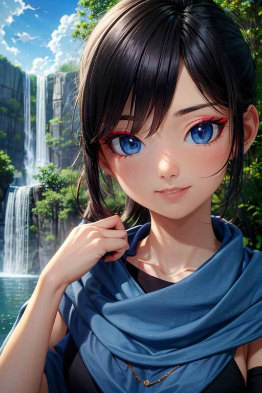(masterpiece, best quality, highres, absurdres, ultra-detailed:1.2), <lora:Kena_v1:0.7>((kena, 1girl, solo, blue and white shawl, tunic, arm bands, black leggings)), (portrait, asian:1.4), (waterfall, blue sky, clouds, birds, overgrowth), <lora:RedEyeLiner-v1.0:0.6>RedEyeLiner, <lora:add_detail_v1:0.75>, (AS-Young:0.4)