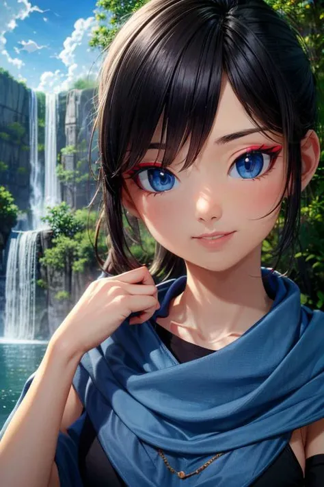 (masterpiece, best quality, highres, absurdres, ultra-detailed:1.2), <lora:Kena_v1:0.7>((kena, 1girl, solo, blue and white shawl, tunic, arm bands, black leggings)), (portrait, asian:1.4), (waterfall, blue sky, clouds, birds, overgrowth), <lora:RedEyeLiner-v1.0:0.6>RedEyeLiner, <lora:add_detail_v1:0.75>,  (AS-Young:0.4)