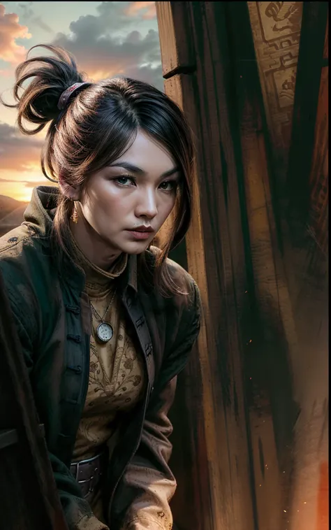 g3mm4 with a ponytail , <lora:add_detail:1> , <lora:GoodHands-beta2:1>   <lora:Gemma_Chan-v1:1>,   looking down, focus on character, solo, half shot, detailed face, (imperial chinese theme:1.1), renegade,  pocket-watch,    necklace, dynamic movement, determined gaze, 19th century wild west, american frontier, wild west era dark mine shaft interior with support beams in background,  sunset, cinematic atmosphere,