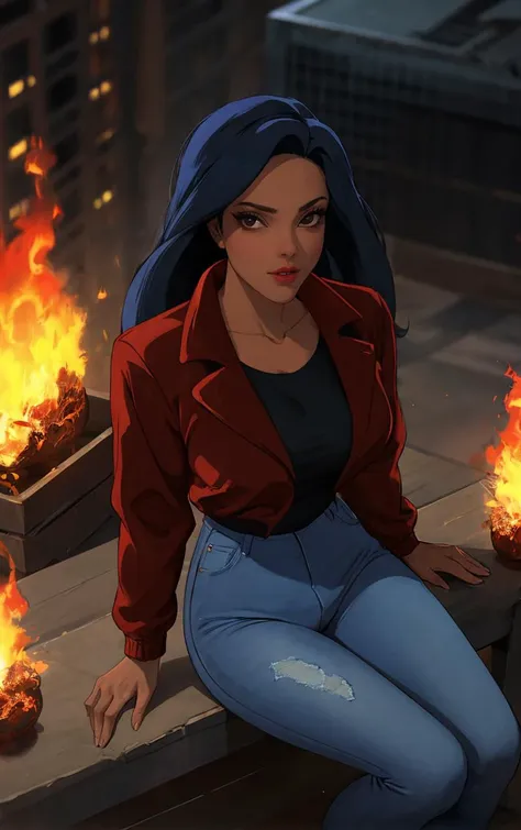 ((masterpiece, best quality)), insaneres, absurdres, solo, outdoors,
Jacket_Gargoyles_Elisa_ownwaifu, 
1girl, long hair, black hair, dark skin, collarbone, dark-skinned female, makeup, blue hair, lipstick, red lips, brown eyes,  shirt, black eyes, lips, breasts,
red jacket, long sleeves, black shirt, jeans, denim, blue pants, 
(from above, sitting)<lora:CARTOON_Gargoyles_Elisa_ownwaifu:0.9>,
lens flare, depth of field, bokeh, embers, vanishing point, looking at viewer,