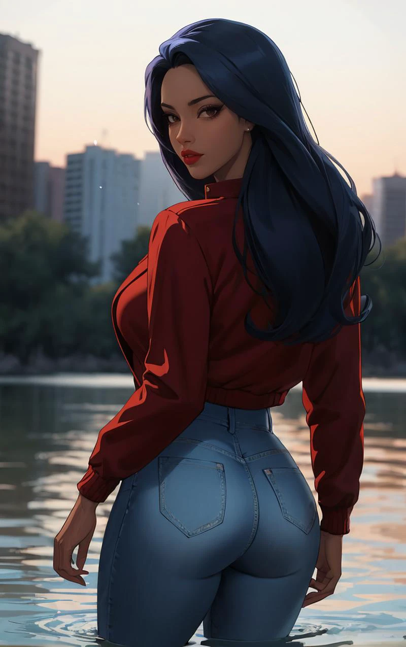 ((masterpiece, best quality)), insaneres, absurdres, solo, outdoors,
Jacket_Gargoyles_Elisa_ownwaifu,
1girl, long hair, black hair, dark skin, collarbone, dark-skinned female, makeup, blue hair, lipstick, red lips, brown eyes, shirt, black eyes, lips, breasts,
red jacket, long sleeves, black shirt, jeans, denim, blue pants,
(wading, looking back), water,<lora:CARTOON_Gargoyles_Elisa_ownwaifu:0.75>,
lens flare, depth of field, bokeh, embers, vanishing point, looking at viewer,
