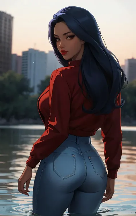 ((masterpiece, best quality)), insaneres, absurdres, solo, outdoors,
Jacket_Gargoyles_Elisa_ownwaifu, 
1girl, long hair, black hair, dark skin, collarbone, dark-skinned female, makeup, blue hair, lipstick, red lips, brown eyes,  shirt, black eyes, lips, breasts,
red jacket, long sleeves, black shirt, jeans, denim, blue pants, 
(wading, looking back), water,<lora:CARTOON_Gargoyles_Elisa_ownwaifu:0.75>,
lens flare, depth of field, bokeh, embers, vanishing point, looking at viewer,