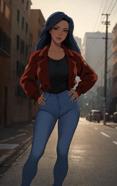 ((masterpiece, best quality)), insaneres, absurdres, solo, outdoors,
Jacket_Gargoyles_Elisa_ownwaifu, 
1girl, long hair, black hair, dark skin, collarbone, dark-skinned female, makeup, blue hair, lipstick, red lips, brown eyes,  shirt, black eyes, lips, breasts,
red jacket, long sleeves, black shirt, jeans, denim, blue pants, 
(contrapposto, hand on hip)<lora:CARTOON_Gargoyles_Elisa_ownwaifu:1>,
lens flare, depth of field, bokeh, embers, vanishing point, looking at viewer,