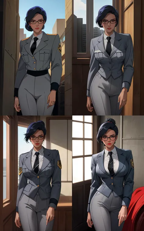 Uniform_Gargoyles_Elisa_ownwaifu,
1girl, black hair, dark skin, lipstick, brown eyes, short hair, single hair bun, red lips,
glasses, grey jacket, white shirt, collared shirt, formal, black necktie, grey pants, long sleeves,
{<lora:CARTOON_Gargoyles_Elisa_ownwaifu:1> |<lora:CARTOON_Gargoyles_Elisa_ownwaifu:0.9> |<lora:CARTOON_Gargoyles_Elisa_ownwaifu:0.8> |<lora:CARTOON_Gargoyles_Elisa_ownwaifu:0.7> },
((masterpiece)),((best quality)),(highres), bokeh, depth_of_field, day, tree shade, sunlight, scenery, architecture, looking at viewer, solo, cowboy shot,