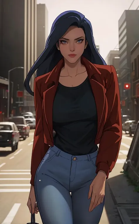 Jacket_Gargoyles_Elisa_ownwaifu,
1girl, long hair, black hair, dark skin, collarbone, makeup, lipstick, brown eyes, red lips,  
red jacket, long sleeves, black shirt, pants, jeans, denim, 
<lora:CARTOON_Gargoyles_Elisa_ownwaifu:0.9> ,
((masterpiece)),((best quality)),(highres), bokeh, depth_of_field, day, tree shade, sunlight, scenery, architecture, looking at viewer, solo, cowboy shot,