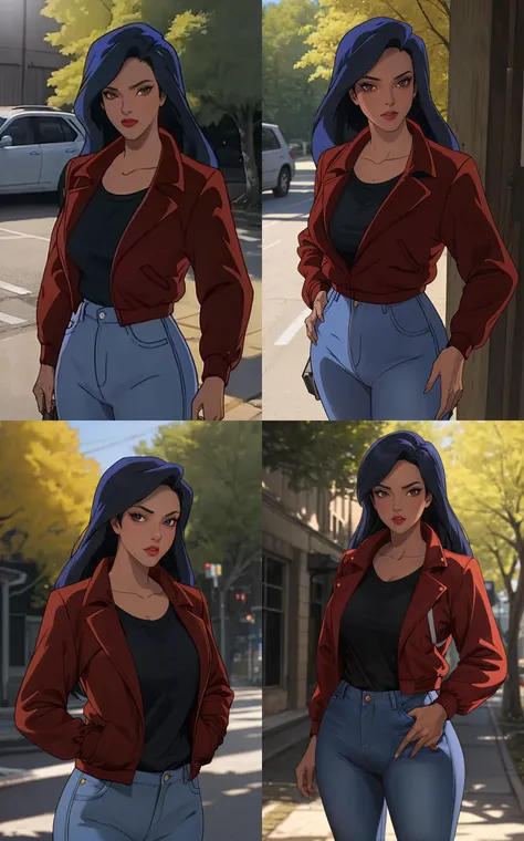 Jacket_Gargoyles_Elisa_ownwaifu,
1girl, long hair, black hair, dark skin, collarbone, makeup, lipstick, brown eyes, red lips,  
red jacket, long sleeves, black shirt, pants, jeans, denim, 
{<lora:CARTOON_Gargoyles_Elisa_ownwaifu:1> |<lora:CARTOON_Gargoyles_Elisa_ownwaifu:0.9> |<lora:CARTOON_Gargoyles_Elisa_ownwaifu:0.8> |<lora:CARTOON_Gargoyles_Elisa_ownwaifu:0.7> },
((masterpiece)),((best quality)),(highres), bokeh, depth_of_field, day, tree shade, sunlight, scenery, architecture, looking at viewer, solo, cowboy shot,