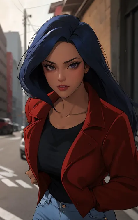 ((masterpiece, best quality)), insaneres, absurdres, solo, outdoors,
Jacket_Gargoyles_Elisa_ownwaifu, 
1girl, long hair, black hair, dark skin, collarbone, dark-skinned female, makeup, blue hair, lipstick, red lips, brown eyes,  shirt, black eyes, lips, breasts,
red jacket, long sleeves, black shirt, jeans, denim, blue pants, 
(portrait, close-up)<lora:CARTOON_Gargoyles_Elisa_ownwaifu:0.8>,
lens flare, depth of field, bokeh, embers, vanishing point, looking at viewer,