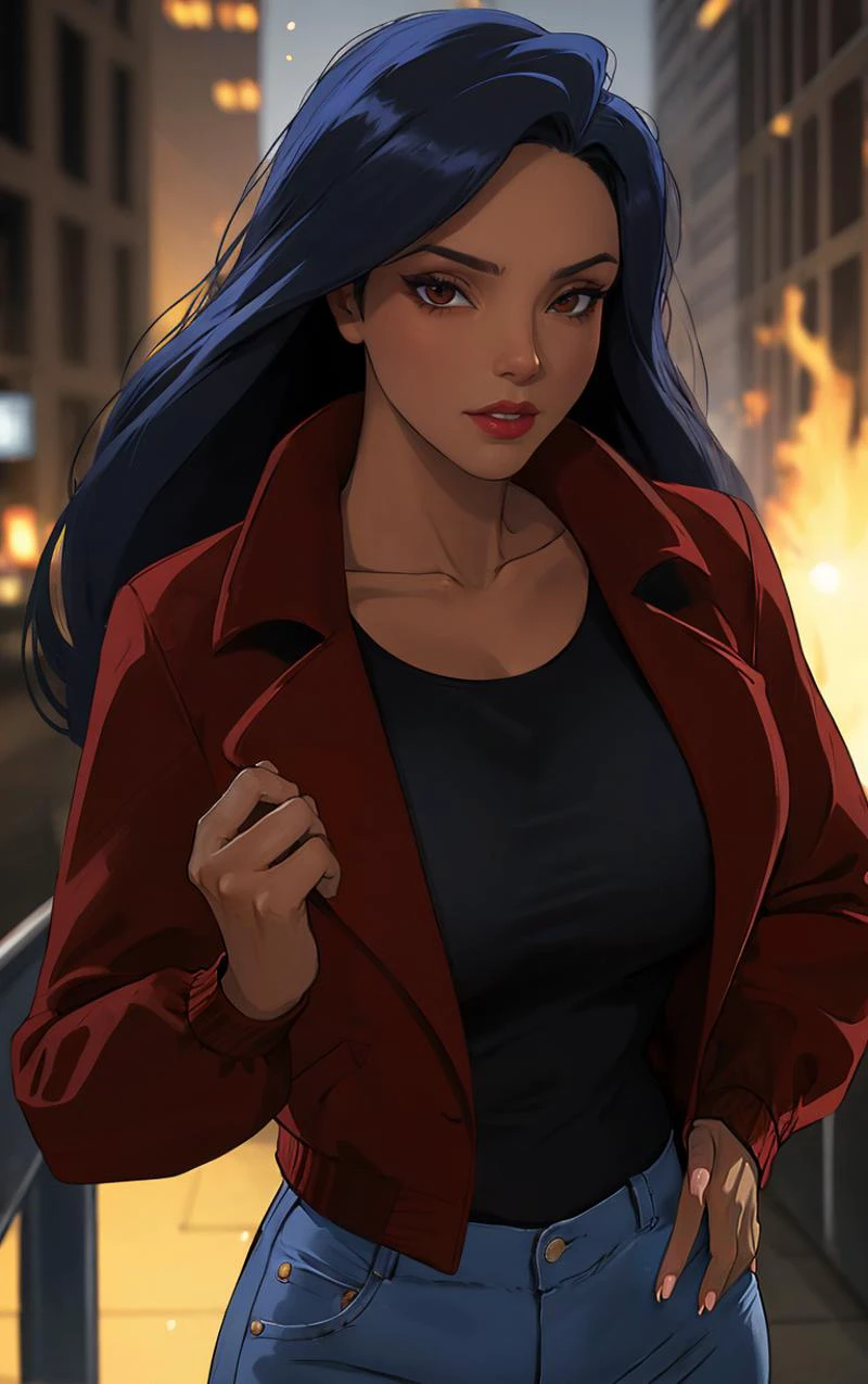 ((masterpiece, best quality)), insaneres, absurdres, solo, outdoors,
Jacket_Gargoyles_Elisa_ownwaifu,
1girl, long hair, black hair, dark skin, collarbone, dark-skinned female, makeup, blue hair, lipstick, red lips, brown eyes, shirt, black eyes, lips, breasts,
red jacket, long sleeves, black shirt, jeans, denim, blue pants,
(portrait, close-up)<lora:CARTOON_Gargoyles_Elisa_ownwaifu:0.8>,
lens flare, depth of field, bokeh, embers, vanishing point, looking at viewer,