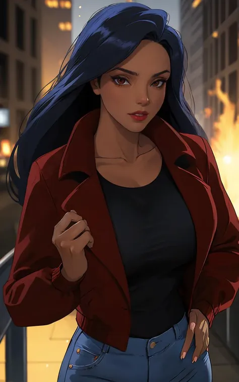 ((masterpiece, best quality)), insaneres, absurdres, solo, outdoors,
Jacket_Gargoyles_Elisa_ownwaifu, 
1girl, long hair, black hair, dark skin, collarbone, dark-skinned female, makeup, blue hair, lipstick, red lips, brown eyes,  shirt, black eyes, lips, breasts,
red jacket, long sleeves, black shirt, jeans, denim, blue pants, 
(portrait, close-up)<lora:CARTOON_Gargoyles_Elisa_ownwaifu:0.8>,
lens flare, depth of field, bokeh, embers, vanishing point, looking at viewer,