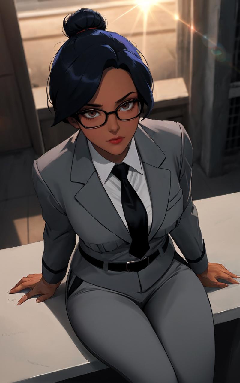 There is a woman in a suit and tie sitting on a bench - SeaArt AI