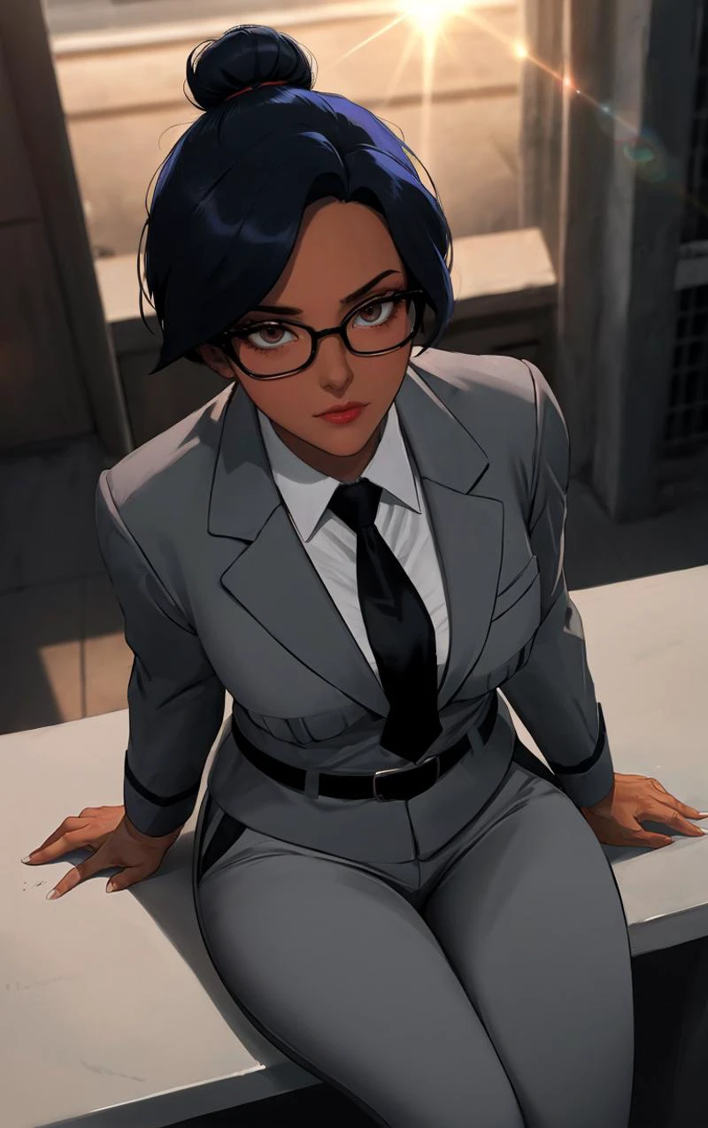 ((masterpiece, best quality)), insaneres, absurdres, solo, outdoors,
Uniform_Gargoyles_Elisa_ownwaifu,
1girl, black hair, dark skin, dark-skinned female, lipstick, short hair, brown eyes, single hair bun, long hair, red lips,
glasses, grey jacket, white shirt, collared shirt, formal, suit, black necktie, grey pants, long sleeves, uniform, belt,
(from above, sitting)<lora:CARTOON_Gargoyles_Elisa_ownwaifu:0.9>,
lens flare, depth of field, bokeh, embers, vanishing point, looking at viewer,