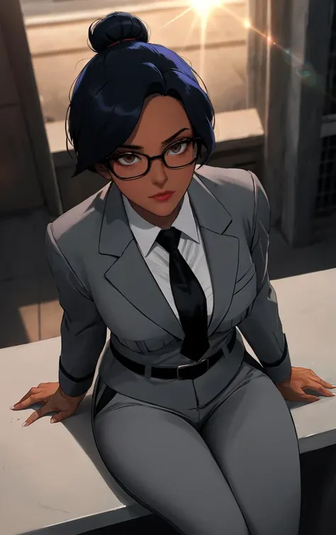 ((masterpiece, best quality)), insaneres, absurdres, solo, outdoors,
Uniform_Gargoyles_Elisa_ownwaifu, 
1girl, black hair, dark skin, dark-skinned female, lipstick, short hair, brown eyes, single hair bun, long hair, red lips, 
glasses, grey jacket, white shirt, collared shirt, formal, suit, black necktie, grey pants, long sleeves, uniform, belt, 
(from above, sitting)<lora:CARTOON_Gargoyles_Elisa_ownwaifu:0.9>,
lens flare, depth of field, bokeh, embers, vanishing point, looking at viewer,