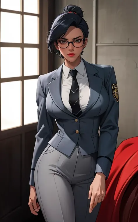 Uniform_Gargoyles_Elisa_ownwaifu,
1girl, black hair, dark skin, lipstick, brown eyes, short hair, single hair bun, red lips, 
glasses, grey jacket, white shirt, collared shirt, formal, black necktie, grey pants, long sleeves, 
<lora:CARTOON_Gargoyles_Elisa_ownwaifu:0.7> ,
((masterpiece)),((best quality)),(highres), bokeh, depth_of_field, day, tree shade, sunlight, scenery, architecture, looking at viewer, solo, cowboy shot,