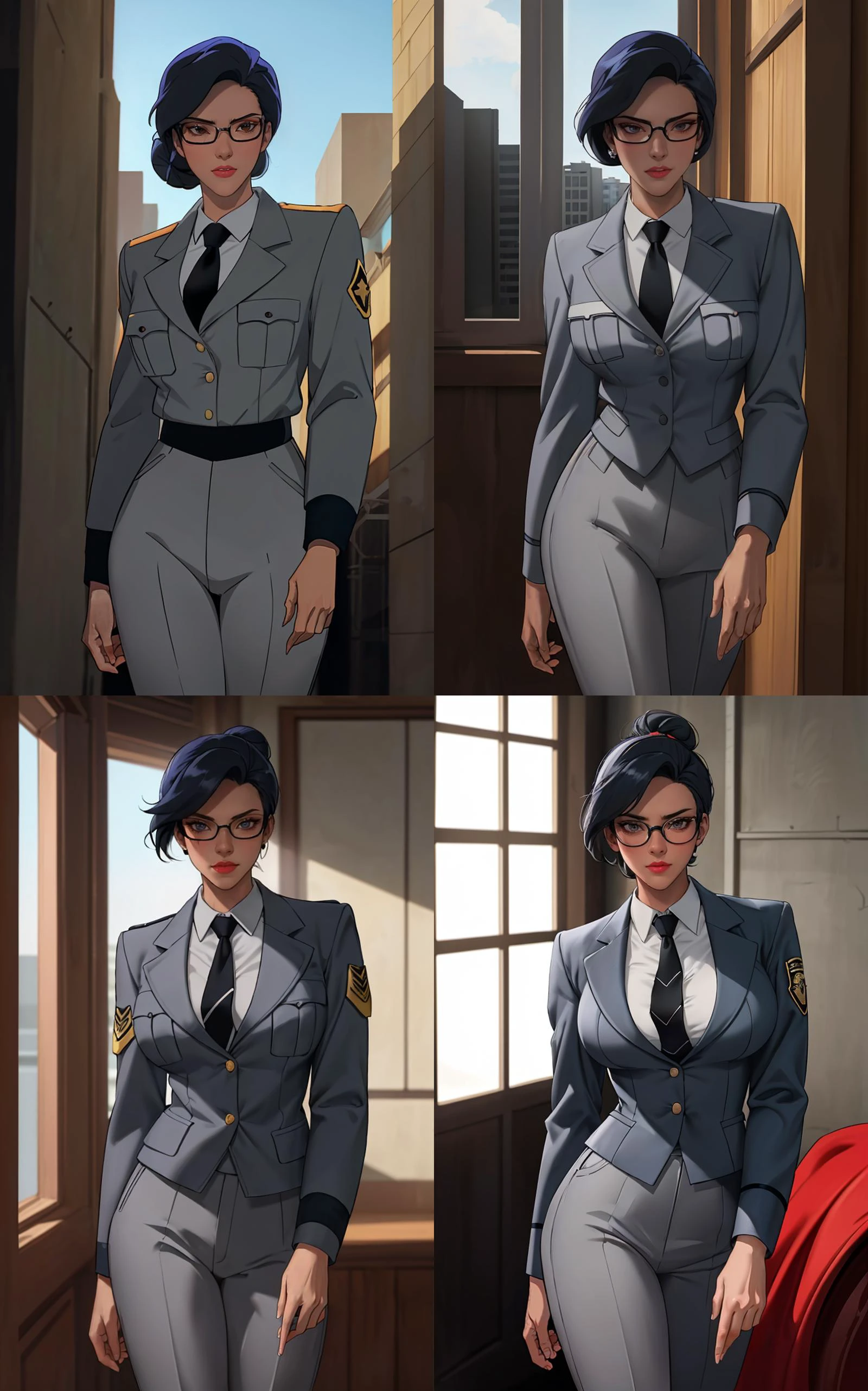 Uniform_Gargoyles_Elisa_ownwaifu,
1girl, black hair, dark skin, lipstick, brown eyes, short hair, single hair bun, red lips,
glasses, grey jacket, white shirt, collared shirt, formal, black necktie, grey pants, long sleeves,
{<lora:CARTOON_Gargoyles_Elisa_ownwaifu:1> |<lora:CARTOON_Gargoyles_Elisa_ownwaifu:0.9> |<lora:CARTOON_Gargoyles_Elisa_ownwaifu:0.8> |<lora:CARTOON_Gargoyles_Elisa_ownwaifu:0.7> },
((masterpiece)),((best quality)),(highres), bokeh, depth_of_field, day, tree shade, sunlight, scenery, architecture, looking at viewer, solo, cowboy shot,