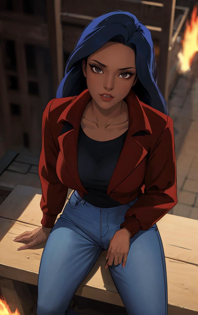 ((masterpiece, best quality)), insaneres, absurdres, solo, outdoors,
Jacket_Gargoyles_Elisa_ownwaifu,
1girl, long hair, black hair, dark skin, collarbone, dark-skinned female, makeup, blue hair, lipstick, red lips, brown eyes, shirt, black eyes, lips, breasts,
red jacket, long sleeves, black shirt, jeans, denim, blue pants,
(from above, sitting)<lora:CARTOON_Gargoyles_Elisa_ownwaifu:0.9>,
lens flare, depth of field, bokeh, embers, vanishing point, looking at viewer,