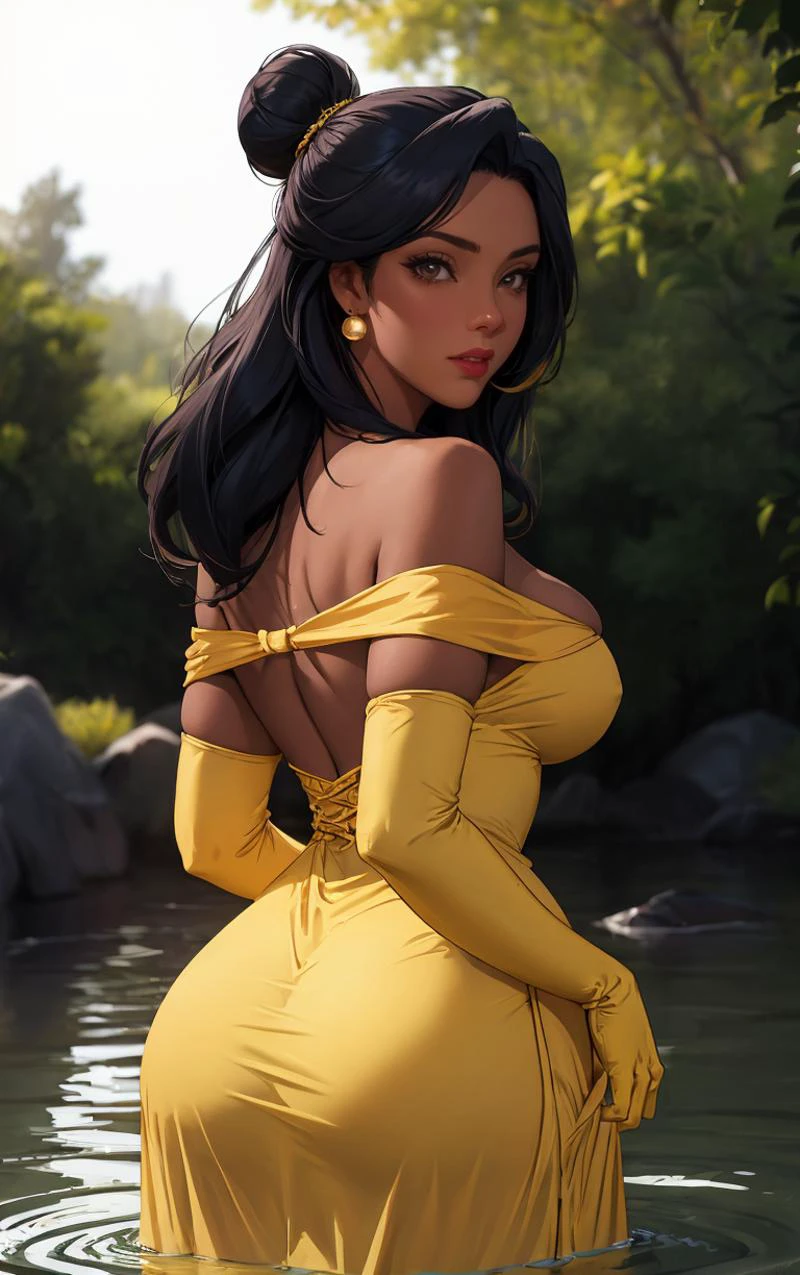 ((masterpiece, best quality)), insaneres, absurdres, solo, outdoors,
BellaDress_Gargoyles_Elisa_ownwaifu,
1girl, long hair, dark skin, dark-skinned female, earrings, jewelry, black hair, breasts, lipstick, single hair bun, makeup, medium breasts, brown eyes, necklace,
elbow gloves, yellow dress, cleavage, long dress, bare shoulders, off shoulder, off-shoulder dress, yellow gloves,
(wading, looking back), water,<lora:CARTOON_Gargoyles_Elisa_ownwaifu:0.75>,
lens flare, depth of field, bokeh, embers, vanishing point, looking at viewer,