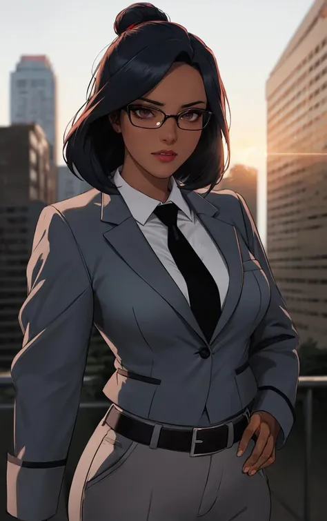 ((masterpiece, best quality)), insaneres, absurdres, solo, outdoors,
Uniform_Gargoyles_Elisa_ownwaifu, 
1girl, black hair, dark skin, dark-skinned female, lipstick, short hair, brown eyes, single hair bun, long hair, red lips, 
glasses, grey jacket, white shirt, collared shirt, formal, suit, black necktie, grey pants, long sleeves, uniform, belt, 
(portrait, close-up)<lora:CARTOON_Gargoyles_Elisa_ownwaifu:0.8>,
lens flare, depth of field, bokeh, embers, vanishing point, looking at viewer,