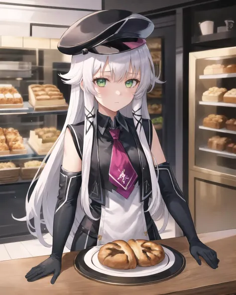 best quality, (masterpiece:1.2), illustration, absurdres,
(1girl), (solo), (beautiful detailed girl),
<lora:AltinaCS4:1>, Altina Orion, white hair, long hair, sidelocks, tress ribbon, hair ornament, green eyes, flat chest,
hat, headwear,
black top, black elbow gloves, sleeveless, white shorts, black thigh boots, purple necktie,
apathetic, expressionless,
(upper body, portrait),, bent over, ((inside intricate detailed bakery)), bread, pastries, table, store, shop,