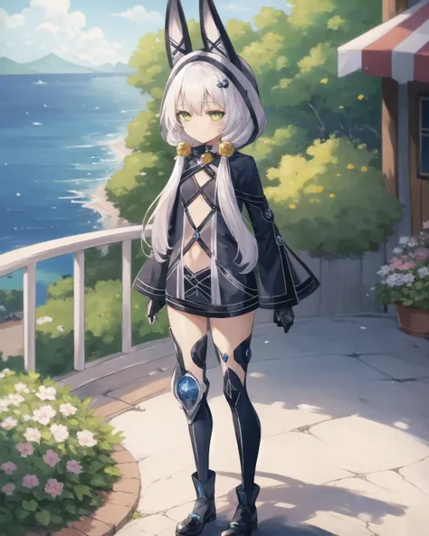 best quality, (masterpiece:1.2), illustration, absurdres, bright colors, vivid colors,
(1girl), (solo), (beautiful detailed girl),
<lora:AltinaBlackRabbit-08:0.9>, Altina Orion, white hair, long hair, twintails, sidelocks, tress ribbon, hair ornament, green eyes, flat chest,
hood, black bunny ears, black bodysuit, long sleeves, black boots,
apathetic, expressionless,
garden, distant sea, distant ocean, mediterranean buildings, white buildings, castle on top of hill crossed legs full body shot,