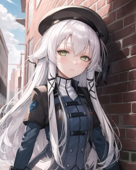 best quality, (masterpiece:1.2), illustration, absurdres,
(1girl), (solo), (beautiful detailed girl), 
<lora:AltinaUniform:0.9>,  Altina Orion, white hair, long hair, sidelocks, tress ribbon, hair ornament, green eyes, flat chest,
hat, headwear,
blue shirt, uniform, skirt, black pantyhose, white boots,
apathetic, expressionless, looking at viewer,
(brick wall:1.1), (graffiti:1.1), alleyway, alley, sky, clouds, run down buildings,,  (upper body, portrait)