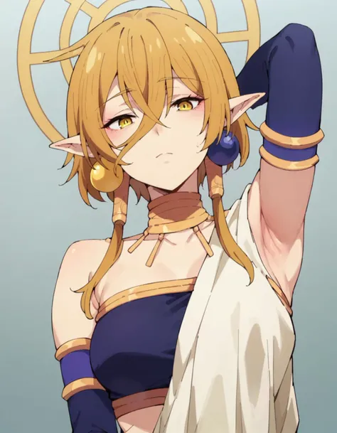 score_9,score_8_up,score_7_up,score_6_up,score_5_up,score_4_up,1girl, <lora:Hiya:0.85> hiya, pointy ears, earrings, jewelry, blonde hair, hair between eyes, short hair, halo, yellow eyes, ,armpit