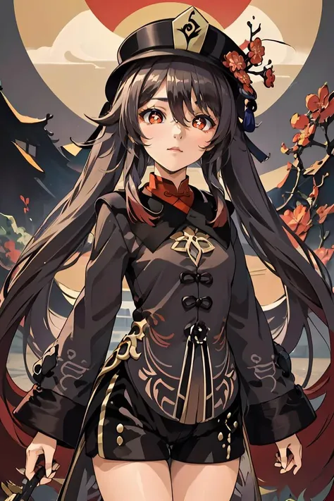 (masterpiece, best quality), 1girl,   <lora:Hu_Tao_Genshin:0.8>   Hu_Tao_Genshin, 1girl, solo, long hair, red eyes, brown eyes, flower-shaped pupils, twintails, hu tao \(genshin impact\), hat, long sleeves, hat flower, jewelry, chinese clothes, shorts