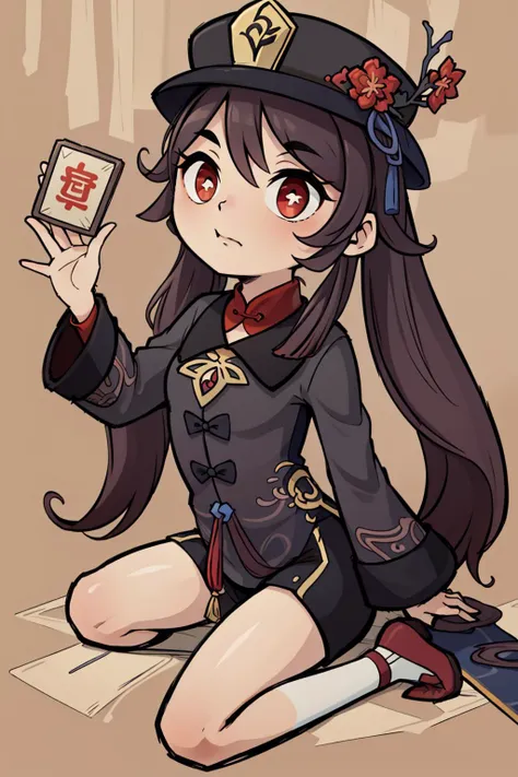 best quality, highly detailed, straddling <lora:Hu_Tao_Genshin:.8>   Hu_Tao_Genshin, 1girl, solo, long hair, red eyes, brown eyes, flower-shaped pupils, twintails, hu tao \(genshin impact\), hat, long sleeves, hat flower, jewelry, chinese clothes, shorts