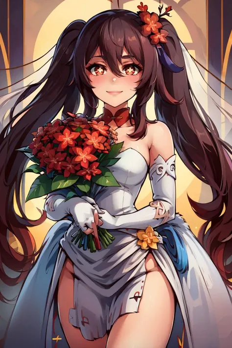 ((masterpiece,best quality)), absurdres, <lora:Hu_Tao_Genshin:0.8>, Hu_Tao_Genshin, 1girl, solo, long hair, red eyes, brown eyes, flower-shaped pupils, twintails, hu tao \(genshin impact\), smile, looking at viewer, cowboy shot, bride, wedding dress, bridal veil, strapless dress, elbow gloves, holding bouquet,